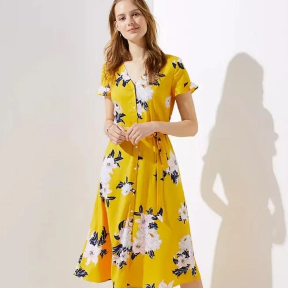 LOFT Yellow Flutter Sleeve Midi Dress